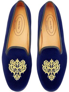 Men's Vine Blue Rubber Velvet Loafers Embroidery Slip-On Tuxedo Slippers Shoes